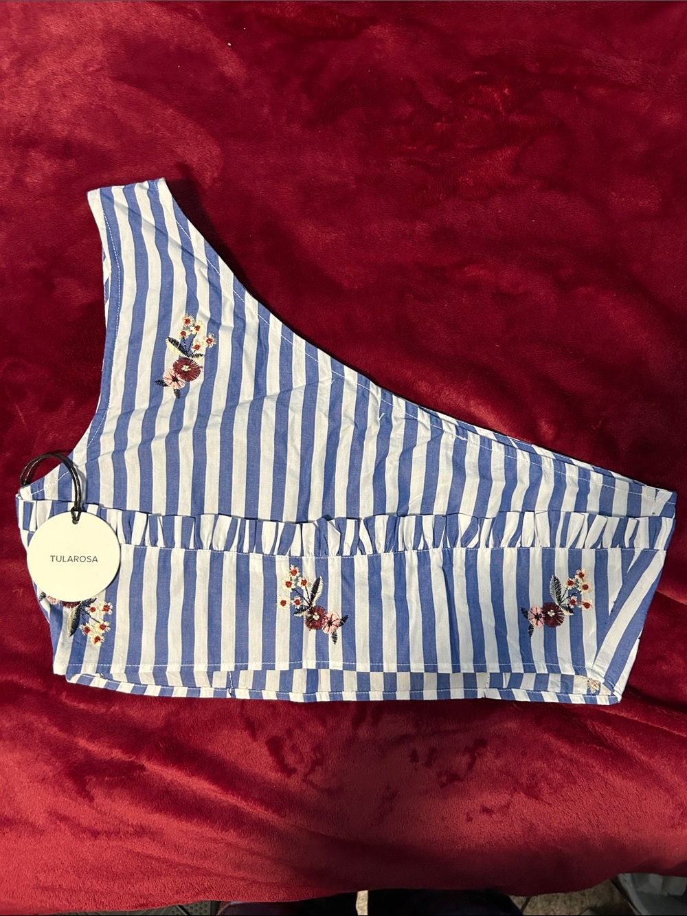 Tularosa Blue & White embroidered One shoulder crop top L NWT